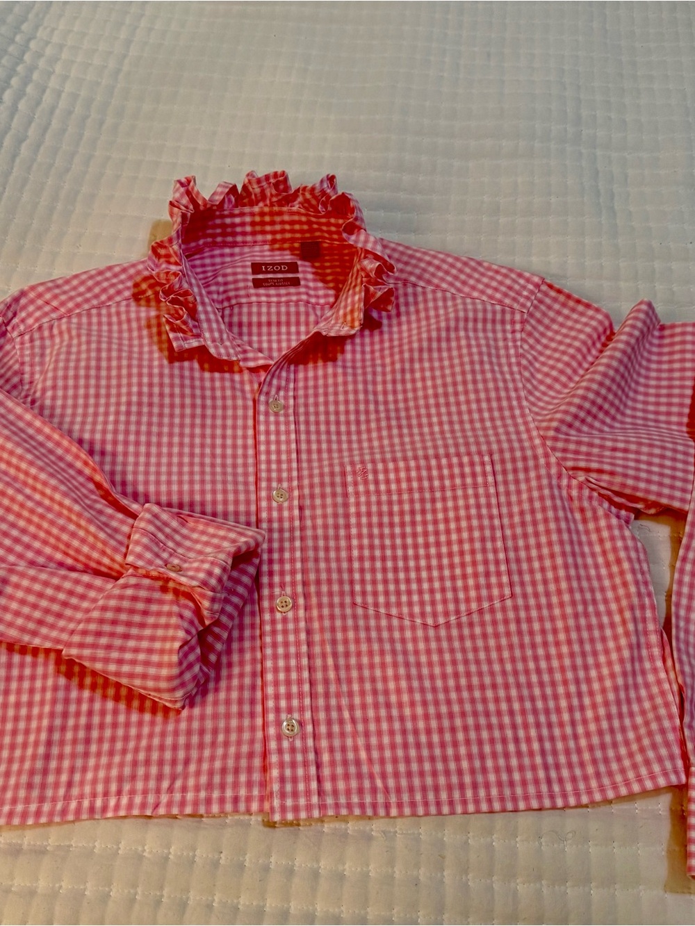 Upcycled Pink Gingham Button-Up Shirt with Ruffle Collar - Picture 7 of 9